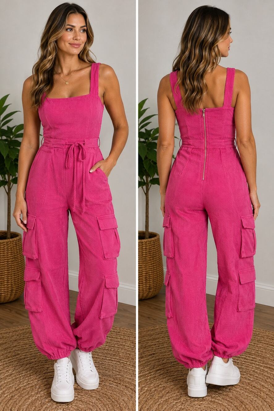 Hot & Delicious Pink Corduroy Cargo Jumpsuit Small NWT
